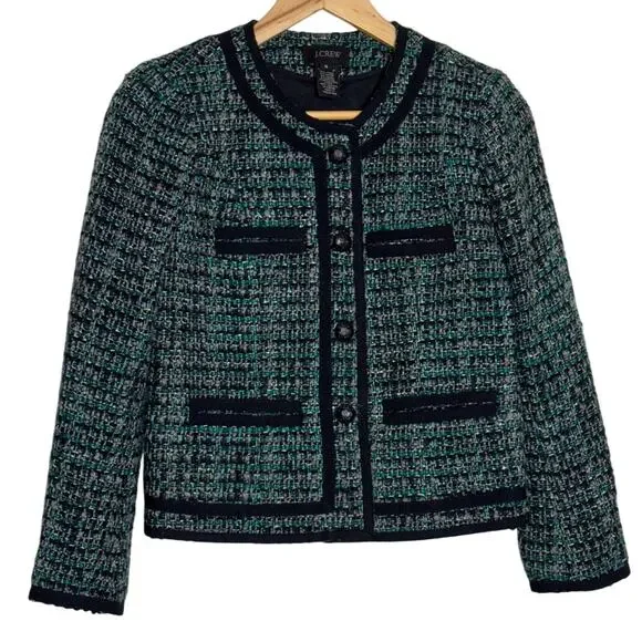 J.CREW Tweed Fanfare Peacock Cropped Blazer Jacket Green Black Size 0 - Picture 2 of 6